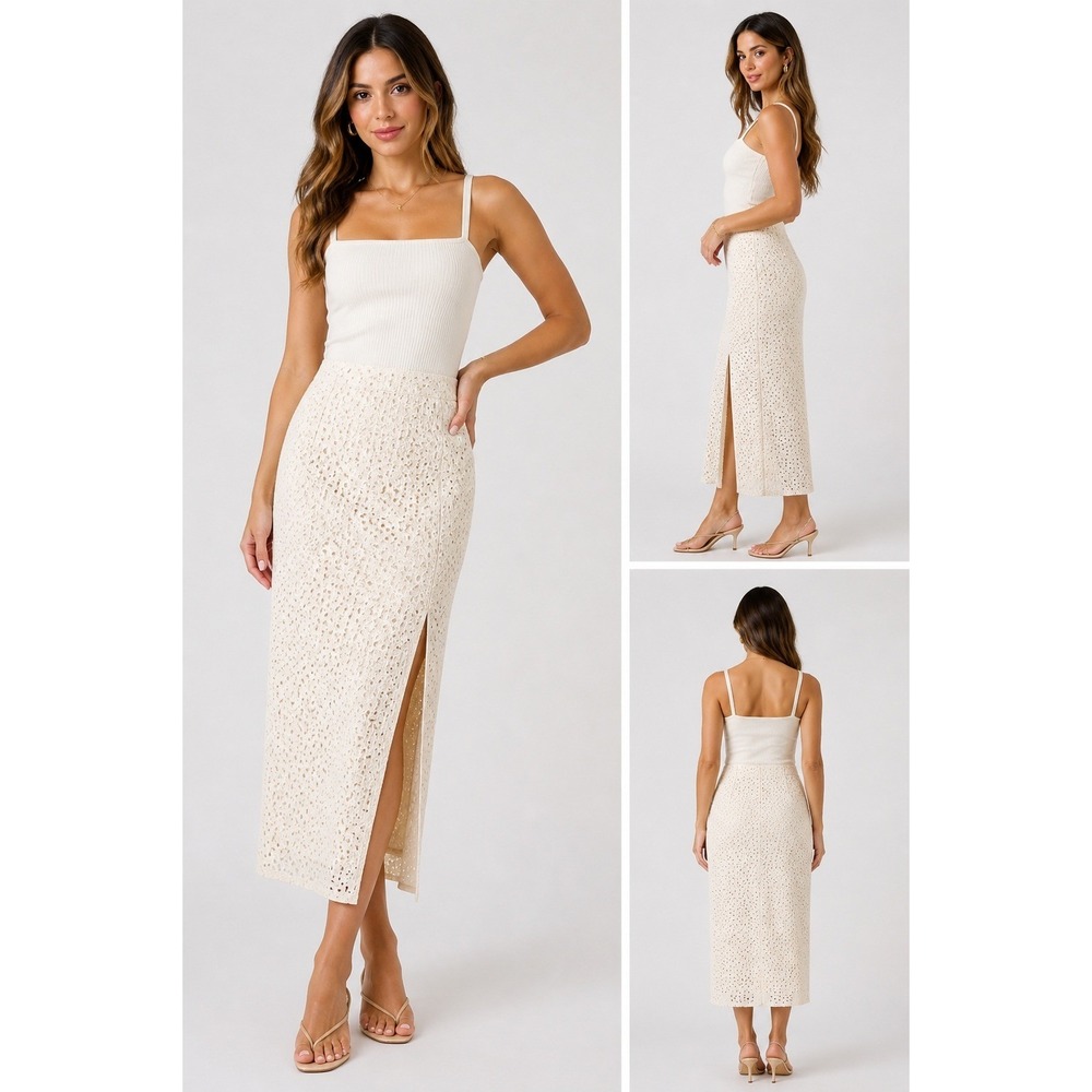 A New Day Cream Eyelet Midi Skirt Womens Size 14 Off White High Waist Side Slit
